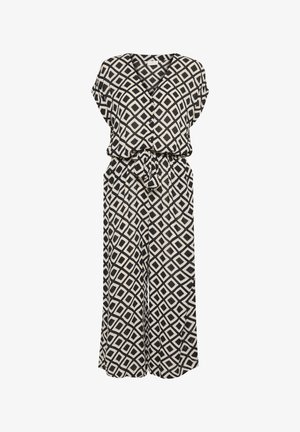 Fekete és krémszínű mintás overall rövid ujjakkal, V nyakkal, megkötős derékkal és széles lábakkal, geometriai gyémántmintával.