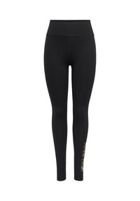 Schwarze Leggings mit hohem Bund aus glattem, dehnbarem Stoff, mit einem dekorativen gold-weißen Muster am unteren linken Bein.