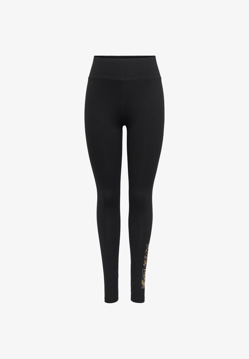 Schwarze Leggings mit hohem Bund aus glattem, dehnbarem Stoff, mit einem dekorativen gold-weißen Muster am unteren linken Bein.