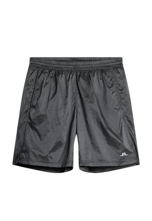 Shorts de course légers, noirs, avec une taille élastique, fabriqués en matériau lisse et réfléchissant. Présente des poches latérales et un logo sur l'ourlet.