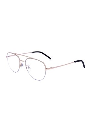 Occhiali da aviatore sottili in metallo con lenti chiare e punte nere sulle astine, mostrati su uno sfondo bianco.