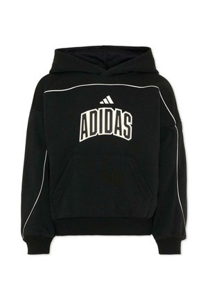 Sweat à capuche noir Adidas avec des détails en piping blanc, poche kangourou à l'avant et grand logo Adidas avec bandes sur la poitrine.