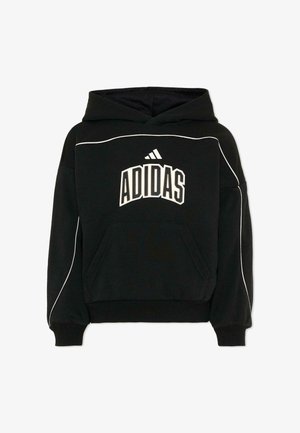 Felpa con cappuccio nera Adidas con dettagli a piping bianchi, tasca frontale a marsupio e grande logo Adidas con strisce sul petto.