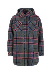 Groen geruite shirtjack gemaakt van zachte, gestructureerde fleece. Bevat roze en blauwe lijnen, twee voorkanten zakken en een knoopsluiting.