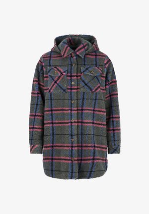 Giacca a camicia a quadri verdi realizzata in morbido pile testurizzato. Presenta linee rosa e blu, due tasche frontali e chiusura con bottoni.
