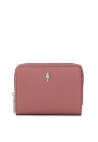 Różowy, teksturowany skórzany portfel z emblematem srebrnego ptaka i zapięciem na zamek, na białym tle.