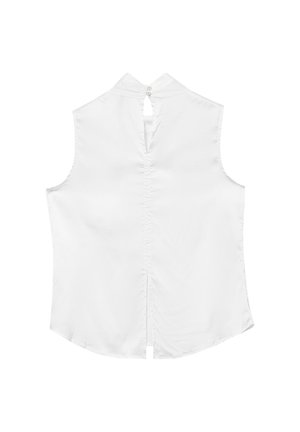 Haut sans manches blanc avec un col haut, une ouverture en clé à l'arrière et une petite fermeture à bouton. Tissu lisse, ourlet légèrement courbé avec fentes sur les côtés.