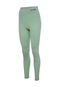 Jasnozielone bezszwowe sportowe legginsy z wysokim stanem, teksturowanymi panelami na kolanach oraz logo "hummel" na pasku i bocznych paskach.
