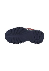 Red and navy athletic shoe sole with deep grooves, padded texture, and a circular logo. Durable rubber material designed for traction.