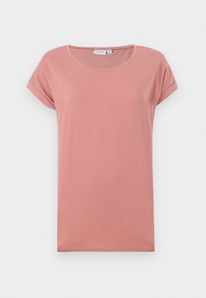Pink short-sleeve t-shirt made of soft material with a round neckline and folded sleeve cuffs. Simple, curved hemline design.