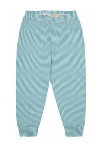 Pantaloni del pigiama a righe blu chiaro e bianchi in tessuto morbido, con una vita elastica e polsini a tapered alla caviglia.