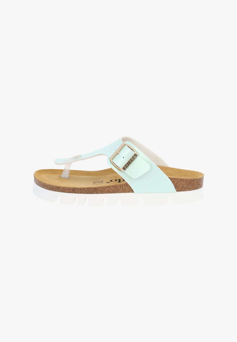 Sandalo infradito azzurro chiaro con fibbia, soletta in sughero e suola bianca in gomma. Presenta una superficie liscia e sottili dettagli di cucitura.