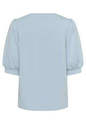 Haut bleu clair à manches courtes avec des manches bouffantes, col rond et texture douce et lisse. Coupe décontractée avec un design uni et sans motifs.