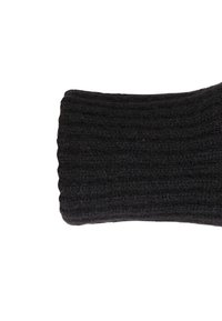 Zwarte gebreide polswarmer met ribbelstructuur, ontworpen voor een strakke pasvorm en gemaakt van zachte stof. Schoon, eenvoudig ontwerp.