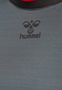 Grå sporttröja med en svart logotyp med vingar och texten "hummel" tryckt på framsidan. Ribbad krage i mörkbrun med röda detaljer.