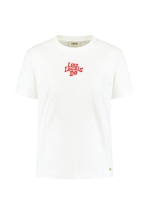 White cotton t-shirt with crew neck, short sleeves, and red graphic "Like Locals Do" on the front. Small logo accent at the hem.