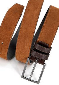 Brown suede belt with a smooth texture, featuring a dark brown leather buckle holder and a silver metal buckle. Subtle stitching details.