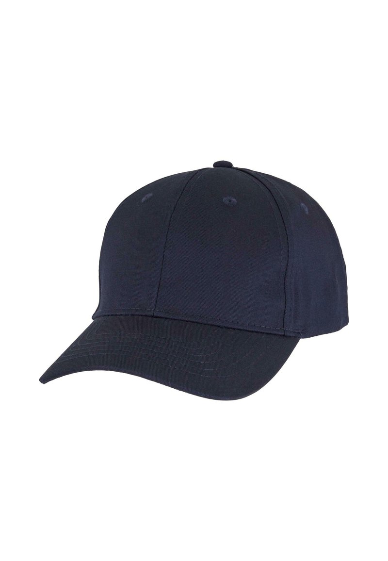 Granatowa czapka baseballowa z bawełny, z zakrzywionym daszkiem, sześcioma otworami wentylacyjnymi i klasycznym, usztywnionym designem.