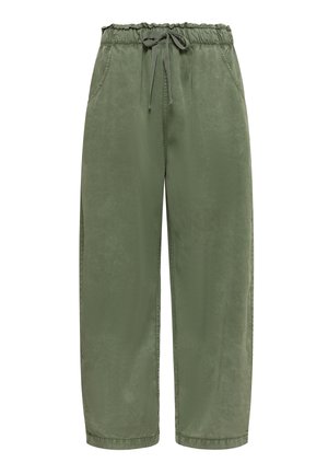 Pantalon léger vert olive avec taille élastique, cordon de serrage et poches latérales. Texture lisse, coupe à jambes larges.
