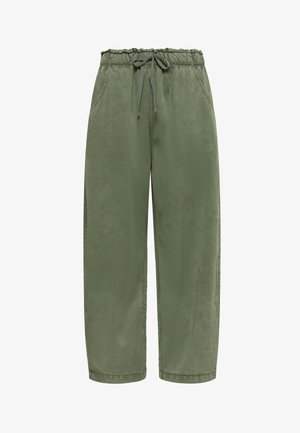 Pantaloni ușori verde măsliniu, cu talie elastică, șnur ajustabil și buzunare laterale. Textură netedă, design cu picioare largi.