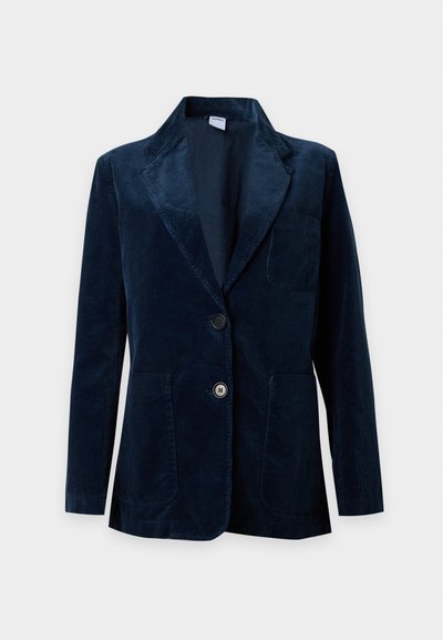 Blazer en velours côtelé bleu marine avec deux boutons devant, col à revers cranté et trois poches plaquées, présenté sur un fond uni.