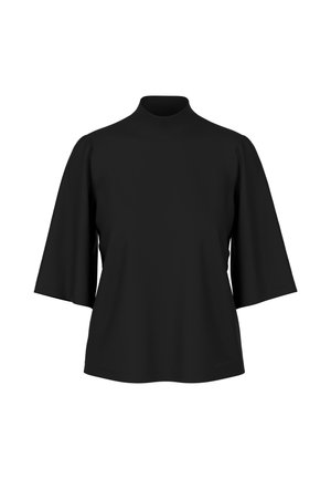 Black top with a high neck, short wide sleeves, and a smooth texture. Simple design, no patterns or accents, made of lightweight material.