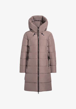 Vatteret jakke i blød mauve med høj krave, lynlås, justerbare snore og to sidelommer. Tekstureret quiltet design.