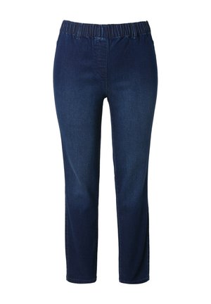 Mørkeblå denimbukser med elastisk livvidde og bæltestropper, lige benpasform.