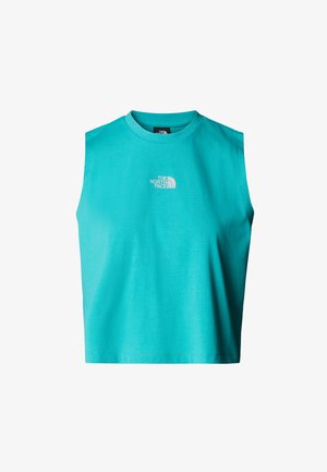 Maglietta senza maniche a taglio corto in turchese brillante, realizzata in cotone leggero, con un piccolo logo bianco nella zona del petto.