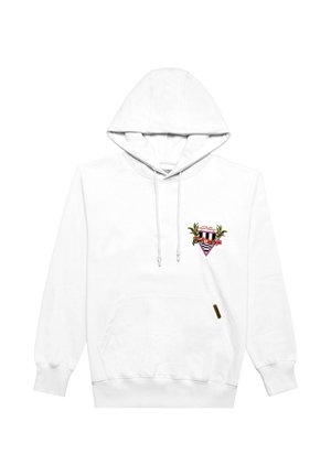 Hvid hætte sweatshirt med frontlomme og et lille farverigt Monaco-tema grafisk design på venstre bryst, der viser en racerbille og palmetræer.
