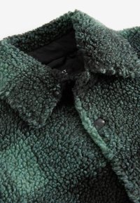 Giacca in finta shearling verde con superficie testurizzata, colletto a punta e chiusura con bottone scuro. Il tessuto presenta una sfumatura dal verde scuro al verde chiaro.