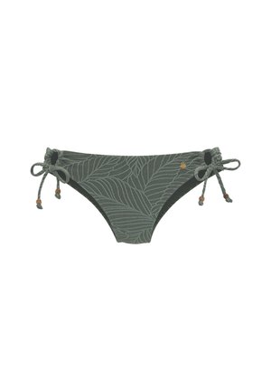 Green leafy patterned bikini bottoms with adjustable side ties, featuring small wooden beads for accent. Textured fabric with a soft finish.