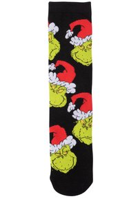 Calzini neri con molteplici volti del Grinch verdi che indossano cappelli di Babbo Natale rossi e rifiniture bianche in pelliccia, realizzati in un tessuto morbido ed elastico.