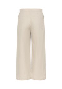 Beige wide-leg trousers with a smooth texture, featuring two back pockets and a standard waistband. Clean, minimalist design.