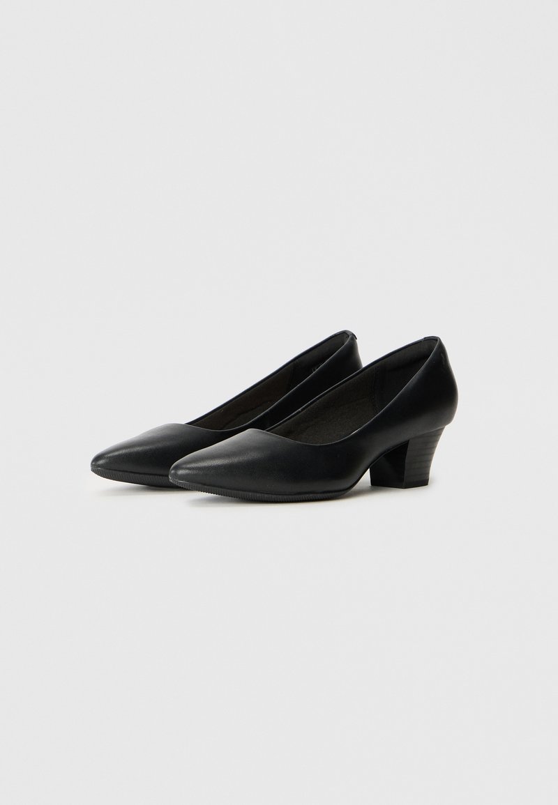 Escarpins en cuir noir avec bout pointu, talons carrés bas et texture lisse. Design simple sans motifs ni matériel visible.