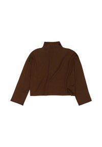 Brązowy krótki sweter z golfem wykonany z miękkiego materiału, z długimi rękawami i luźnym krojem oraz minimalistycznymi zdobieniami.