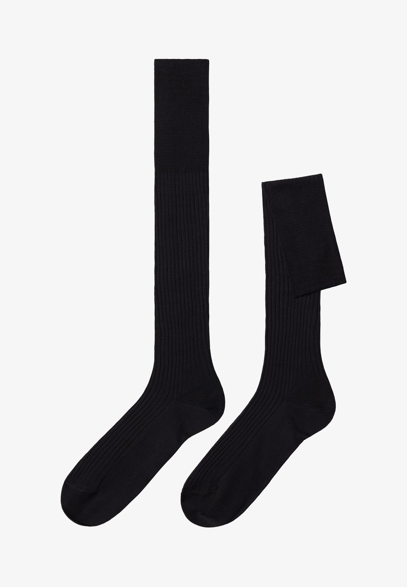 Schwarze knielange Socken mit gerippter Textur und verstärkter Zehen- und Fersenpartie. Weiches Material geeignet für Komfort und den täglichen Gebrauch.