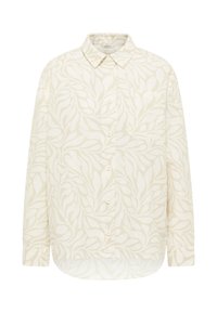 Light beige button-up shirt with a leaf-patterned design, long sleeves, collar, and a single chest pocket. Soft, textured fabric.