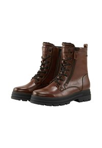 Bottines en cuir marron, à lacets et zips, avec une semelle en caoutchouc noire, une finition texturée et une doublure intérieure douce.