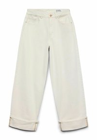 Jean en denim crème à jambes larges avec ourlets retroussés, poches avant, passants pour ceinture et fermeture à bouton à la taille.