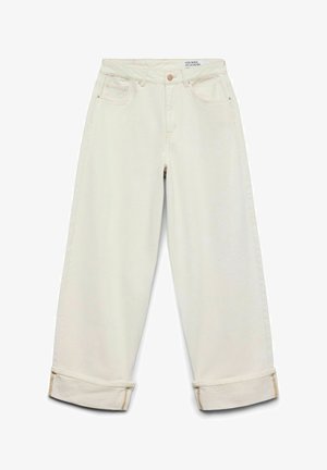 Jean en denim crème à jambes larges avec ourlets retroussés, poches avant, passants pour ceinture et fermeture à bouton à la taille.