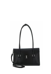 Sac à main rectangulaire noir en cuir avec doubles poignées supérieures, fermeture à boucle argentée et bandoulière détachable.