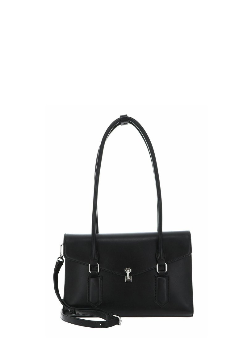 Sac à main rectangulaire noir en cuir avec doubles poignées supérieures, fermeture à boucle argentée et bandoulière détachable.