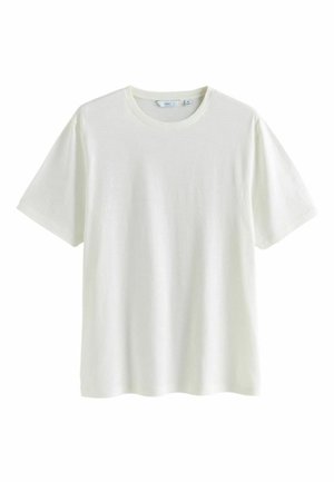 Effen wit T-shirt met korte mouwen en ronde hals, afgebeeld op een witte achtergrond, maat medium, gemaakt van katoen.