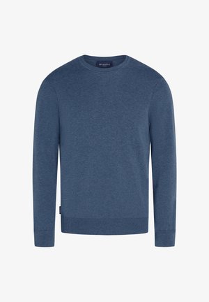 Blauer Strickpullover mit Rundhalsausschnitt und langen Ärmeln. Mit gerippten Bündchen und Saum, aus weichem, strukturiertem Stoff gefertigt.