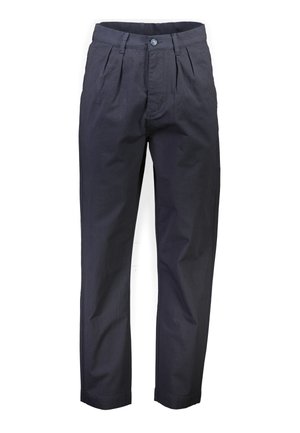 Pantalons en coton bleu marine avec taille mi-haute, devant plissé et fermeture à un bouton. Design à jambes droites avec ourlets retroussés.