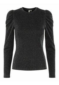 Top negro de manga larga con un diseño ajustado, que presenta hombros abullonados y una textura brillante en toda su superficie. Cuello redondo clásico.