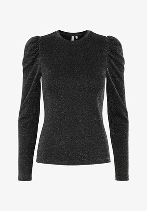 Maglietta nera a maniche lunghe con design aderente, caratterizzata da spalle a sbuffo e una trama scintillante. Collo rotondo classico.