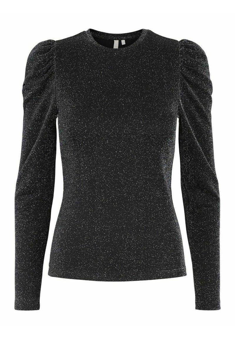 Top negro de manga larga con un diseño ajustado, que presenta hombros abullonados y una textura brillante en toda su superficie. Cuello redondo clásico.