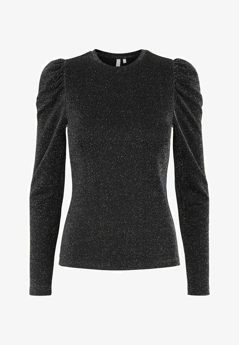 Top negro de manga larga con un diseño ajustado, que presenta hombros abullonados y una textura brillante en toda su superficie. Cuello redondo clásico.